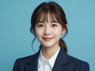 青背景で微笑む若いアジア人女性のビジネスポートレート