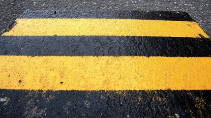 Fototapeta premium Bright yellow and black stripes on a wet asphalt surface create a bold warning pattern