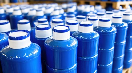Bulk quantities of medical grade cleaning spray bottles in blue and white plastic with white caps