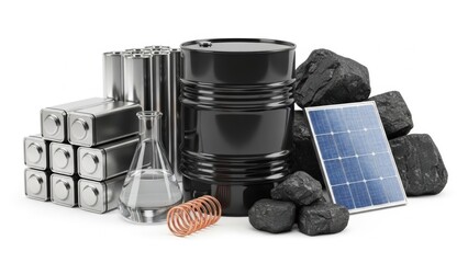 Essential industrial raw materials and diverse energy sources; a vital collection of crude oil, coal, solar power, metals, and chemicals, crucial for global technology and economic progress