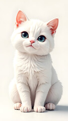 Cute white kitten with bright blue eyes sitting quietly against a plain background