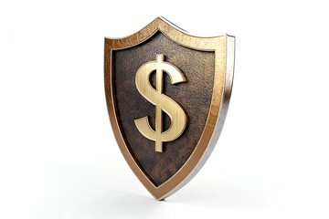 Golden shield with dollar sign isolated on white background. 3d illustration