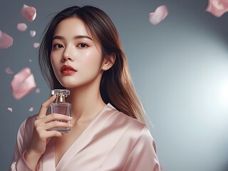 花びらが舞う背景で香水を持つアジア人女性のビューティーポートレート
