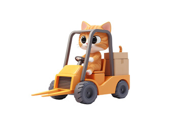 Cartoon cat driving a forklift with boxes on a transparent background
