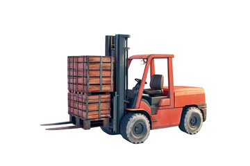 Forklift truck with wooden boxes isolated on transparent background