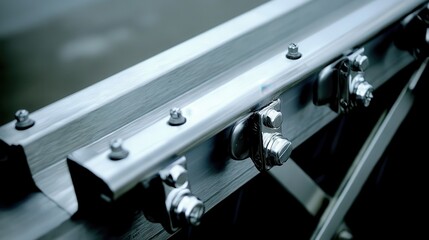 Close up of industrial metal hardware with fasteners and locks on a silver surface