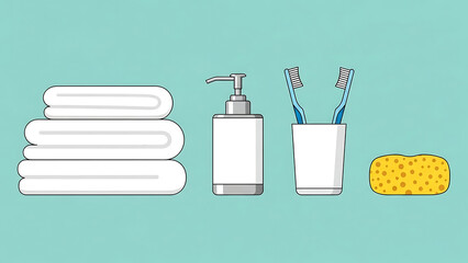 Bathroom essentials neatly arranged on a soft blue background with towels, soap dispenser, toothbrushes, and sponge