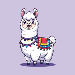Fototapeta premium Cute Cartoon Llama with Colorful Blanket and Festive Decorations.