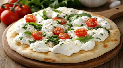 Close up of fresh Italian pizza topped with burrata and tomatoes