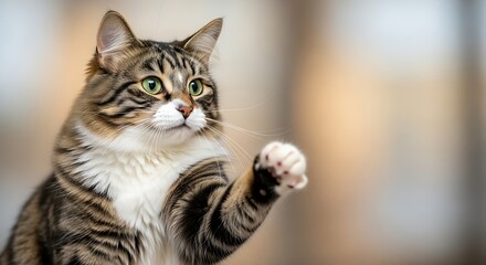 Alert Tabby Cat Raising Paw in Playful Gesture.