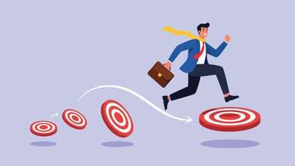 Determined businessman jumping across multiple targets, striving for business success and career goals.