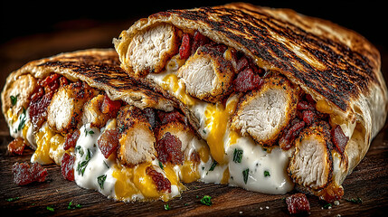 Grilled burrito filled with chicken, cheese, bacon, and herbs, melting and spicy.