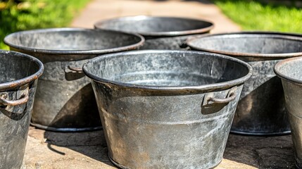 Fototapeta premium Collection of vintage metal buckets with integrated handles displayed outdoors on a wooden surface