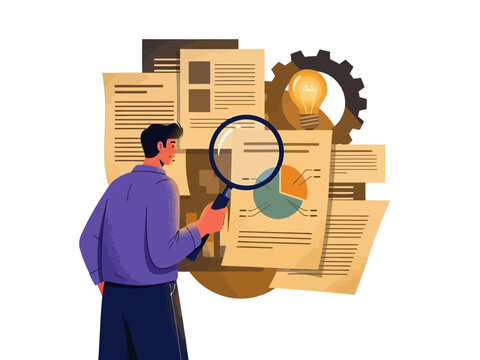 Businessman analyzing documents with a magnifying glass