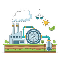 Carbon capture and storage illustration showing industrial factory, CO2 filtration system, underground storage, and renewable energy icons for climate and net zero concept