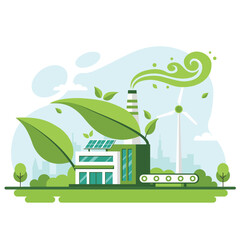 Green eco factory illustration with solar panels wind turbine and clean production concept showing sustainable industry renewable energy and low carbon future