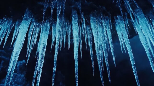 Frozen icicles forming intricate chandelier in a dark cave