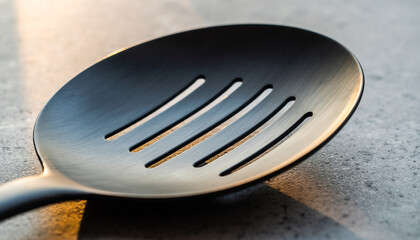 Close-up of a black slotted spoon on a textured gray background