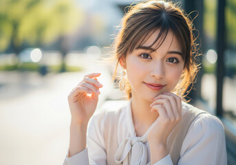 仕事のお昼休みに外にいる、清涼感溢れる美人の女性の顔のアップ。