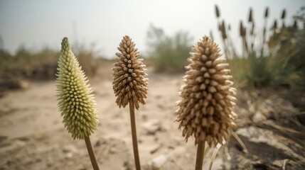 Three spiky plants in desert landscape