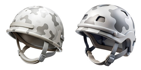 Fototapeta premium Two modern white and gray camouflage 3D military helmet icons, on a transparent background, featuring a tactical matte finish for defense security, historical education, and soldier protective gear