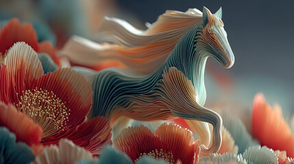 Abstract, colorful horse sculpture surrounded by vibrant flower-like structures.