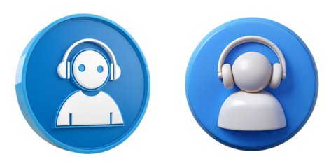 Two professional blue round 3D customer support icons with human figures wearing headsets, representing online help, service centers, and assistant chatbot solutions