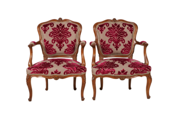 Pair of Antique Velvet Armchairs - Ornate Carved Wood