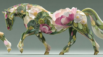 Artistic horse sculpture made of layered, colorful paper with floral patterns.