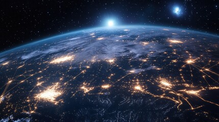 Glowing neon lines trace global trade routes across the illuminated Earth from space