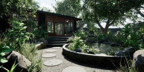 Serene garden with a modern glass-walled structure, stepping stones, and a tranquil pond