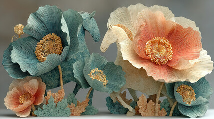 Decorative paper art featuring horses and large flowers in pastel tones.