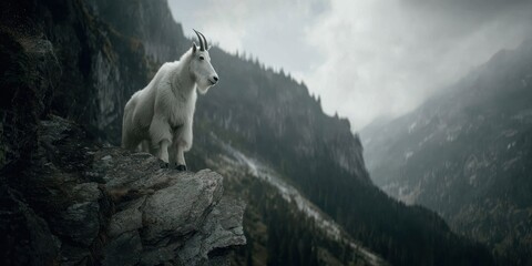 A majestic white goat stands on a rocky precipice, overlooking a vast mountainous landscape
