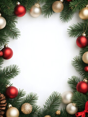 A festive Christmas wreath border made of green pine branches and decorated with red, gold, and white baubles.