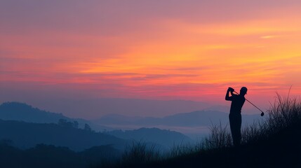 Silhouetted figure golfing on a hillside during a vibrant sunset over layered mountain ranges. Golden and orange hues dominate the sky