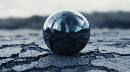 Obsidian Sphere Reflecting Distorted Geometric Shapes Outdoors