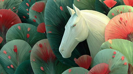 stylized white horse surrounded by lush, colorful fan-shaped foliage and flowers