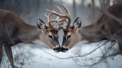 Two deer locking antlers in snowy forest
