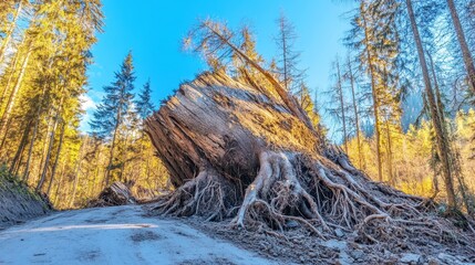 Massive uprooted tree with exposed roots in a forest scene