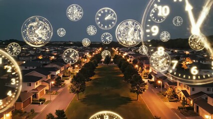 Time concept over suburban neighborhood at dusk with glowing clock faces floating in the air, 4k high quality video - Powered by Adobe