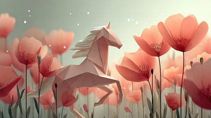Origami-style white horse amidst pink poppies in a dreamy setting.
