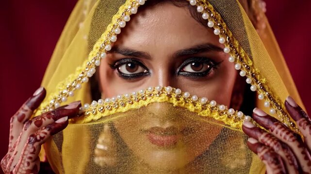 Closeup of a beautiful bride with intense eye makeup and henna on her hands, partially veiled by a yellow dupatta with pearl trim, 4k high quality video