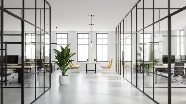 Modern Office Corridor with Glass Walls with Desks  Plants.