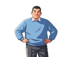 Businessman standing with hands on hips in blue sweater and gray pants