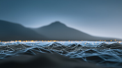An abstract network landscape with interconnected nodes over mountain range, illustrating concepts of connectivity, data, and the digital realm. 