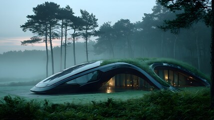 Futuristic eco-friendly house with grass roof in serene forest landscape