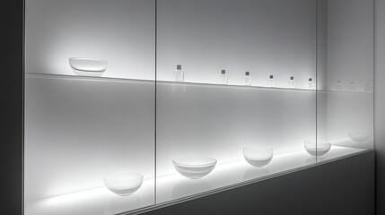 Obraz premium Minimalist Perfume Display on Frosted Glass Shelves with Elegant Style