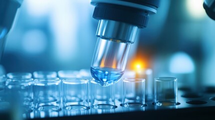 Microplate reader with optics analyzing blue liquid in test tubes
