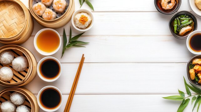 Overhead shot of Chinese dim sum dishes with condiments on white wood