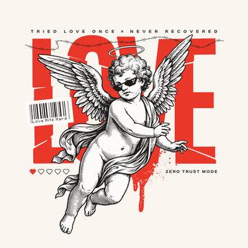 Grunge Typographic Design With Vintage Cupid